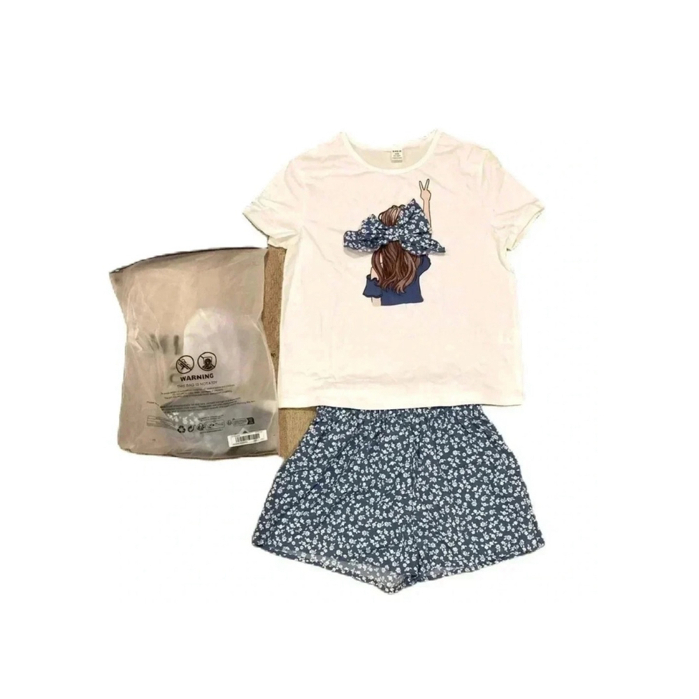 NWT SHEIN Girl’s 3-piece Set Blouse Shorts Hair Tie Sz. 11-12y